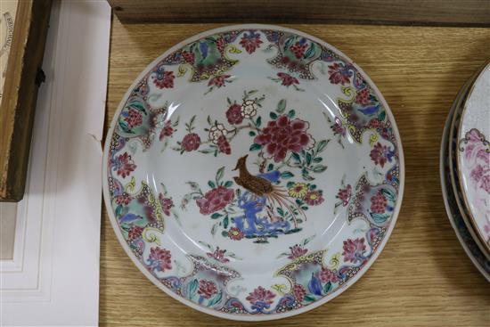 Five assorted 18th century Chinese famille rose plates, 9in.